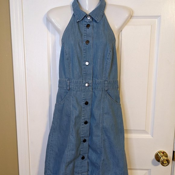 Free People Sami Medium Wash Denim Button-Front Halter Mini Dress - size XS - Picture 4 of 11